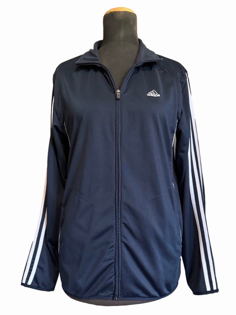 Adidas Navy Jacket with White Stripes, Ladies Size M